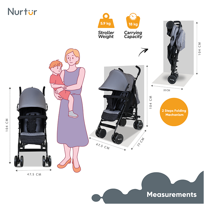 Nurtur Archer Baby/Kids Lightweight Travel Stroller 0 36 Months, Storage Basket, Detachable Bumper, 5 Point Safety Harness, Compact Design, Dark Gray