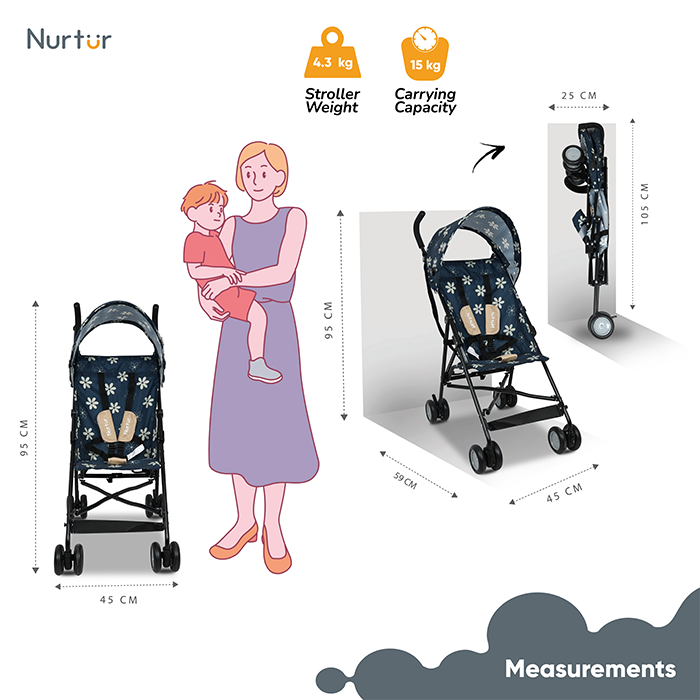 Nurtur Rex Lightweight Stroller – Compact Fold, Sun Canopy, Shoulder Strap, Airflow Design, Portable Buggy for Toddlers 6-36 Months, Easy Fold, - Navy / Brown