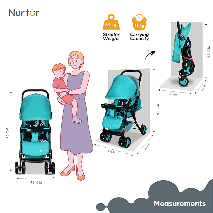 Nurtur Ryder Ultra Compact Lightweight Baby Travel Stroller with Storage Basket, Detachable Food Tray, Reclining Seat and Leg Rest, 0-36 Months, , Teal Printed