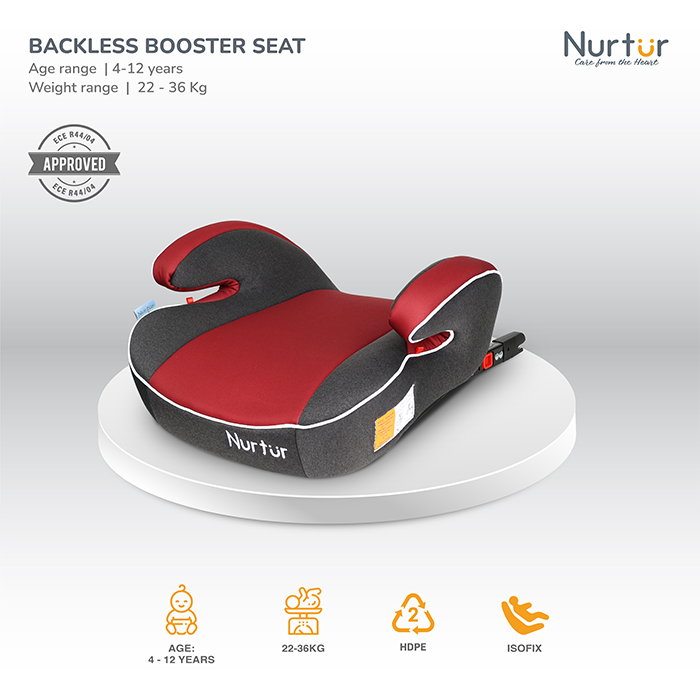 Nurtur Enzo Kids Booster Car Seat - Arm Rest Seat, Blow up Narrow Backless Booster Car Seat for Travel, Suitable from 4 years to 12 years (Group 2/3) - Red