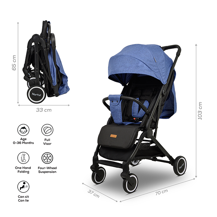 Nurtur Bravo Baby/Kids Travel Stroller 0 36 months, Storage Basket, Detachable Bumper, 5 Point Safety Harness, Compact Foldable Design, Blue