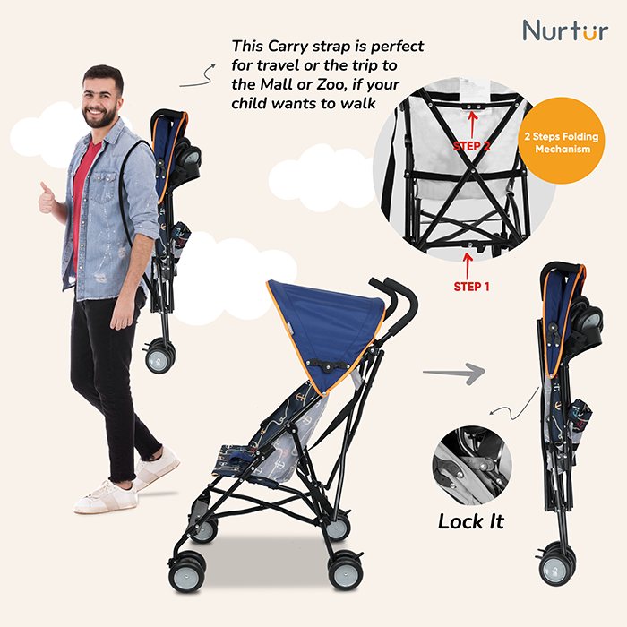 Nurtur Rex Lightweight Stroller – Compact Fold, Sun Canopy, Shoulder Strap, Airflow Design, Portable Buggy for Toddlers 6-36 Months, Easy Fold, - Navy Print