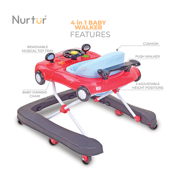 Nurtur 4 In 1 Baby Multi Walker-rocking Function- Music - 5 Height Adjustment- feeding table, car mould, easy fold - Multi