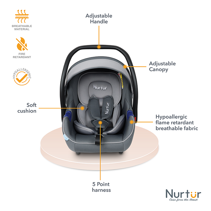 Nurtur Nemo Baby Carrier - Adjustable Canopy and Handle - Extra Protection – 3 -Point Safety Harness - Suitable from 0 months to 12 months, Upto 13kg, Grey Multi