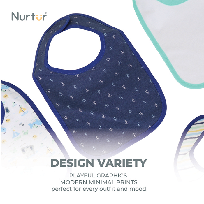 Nurtur 5 pack milk feeding bibs - Terry Cotton - Blue Multi/Boy