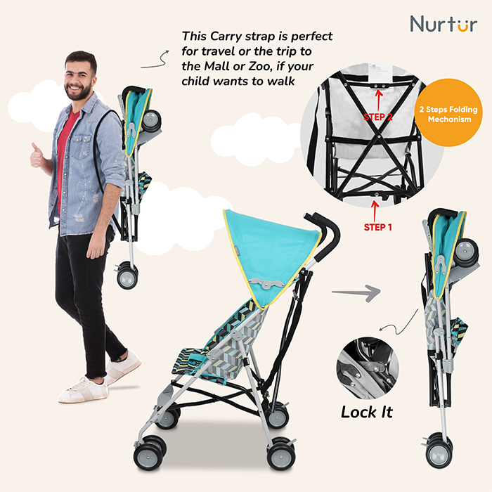 Nurtur Rex Lightweight Stroller – Compact Fold, Sun Canopy, Shoulder Strap, Airflow Design, Portable Buggy for Toddlers 6-36 Months, Easy Fold, - Green / Teal