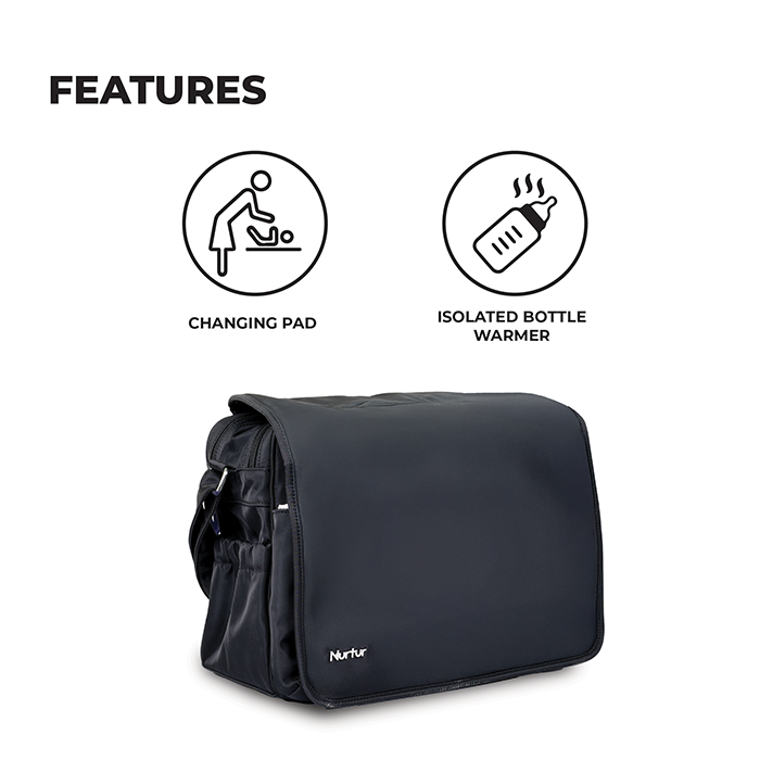 Nurtur Metro Messenger Diaper Bag Fashion Tote Bag Multifunction Travel Bag with insulator bottle warming pocket and changing pad - Black