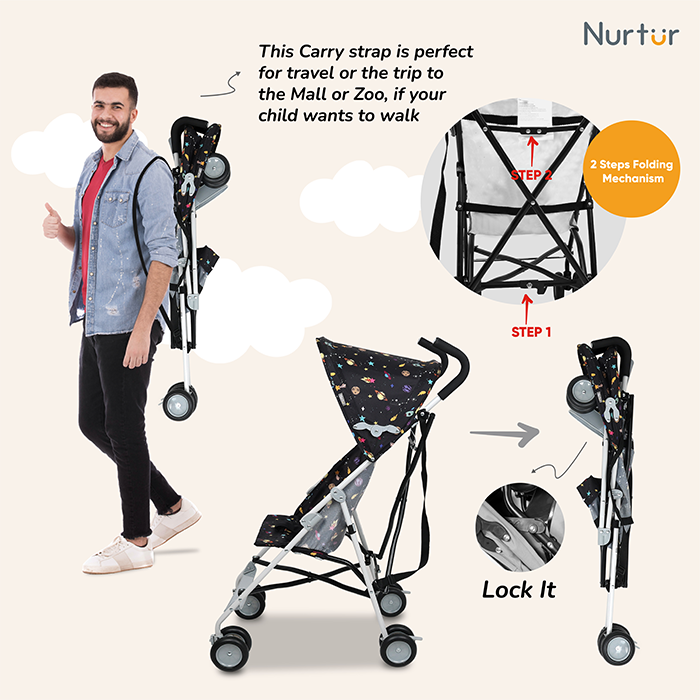 Nurtur Rex Lightweight Stroller – Compact Fold, Sun Canopy, Shoulder Strap, Airflow Design, Portable Buggy for Toddlers 6-36 Months, Easy Fold, - Black Print