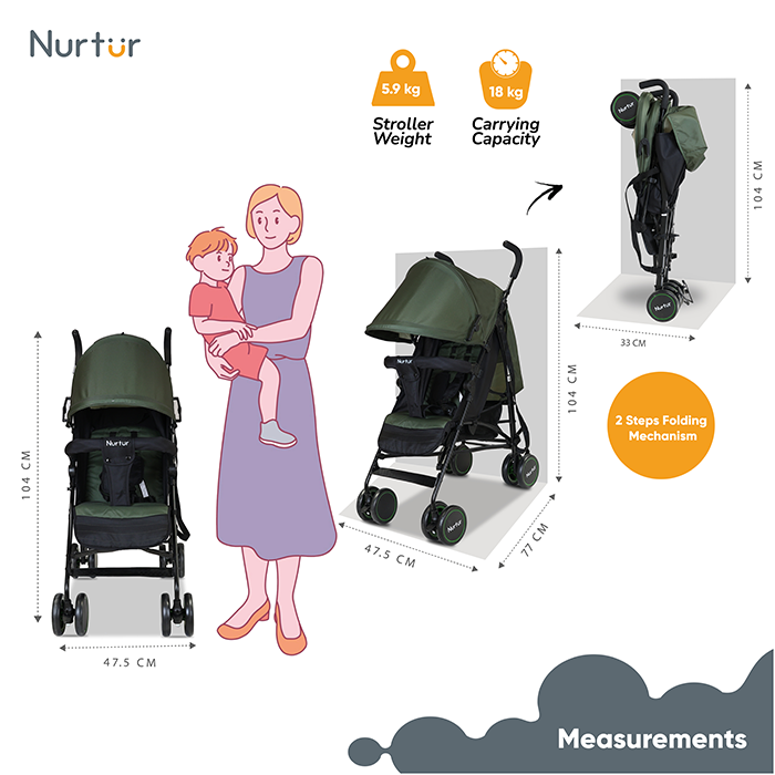 Nurtur Archer Baby/Kids Lightweight Travel Stroller 0 36 Months, Storage Basket, Detachable Bumper, 5 Point Safety Harness, Compact Design, Dark Green