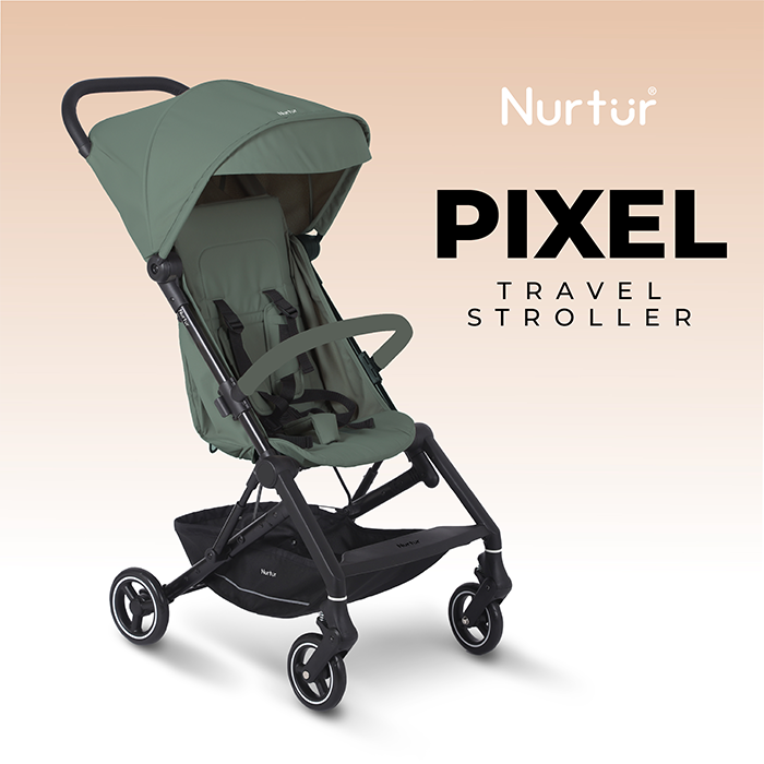 Nurtur Pixel Baby/Kids Travel Cabin Stroller, Aluminium Alloy, leatherette details, 0 36 months, Storage Basket, Detachable Bumper, 5 Point Safety Harness, Compact Foldable Design, Sand