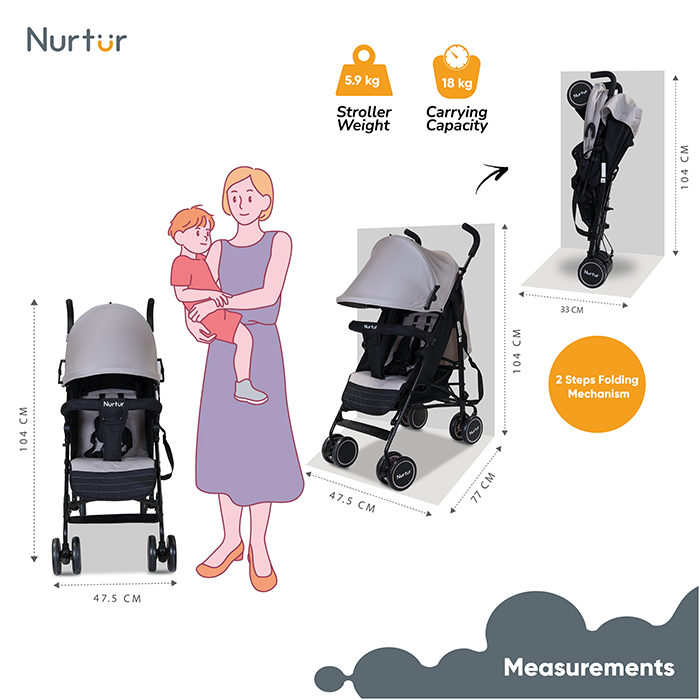 Nurtur Archer Baby/Kids Lightweight Travel Stroller 0 36 Months, Storage Basket, Detachable Bumper, 5 Point Safety Harness, Compact Design, Light Grey