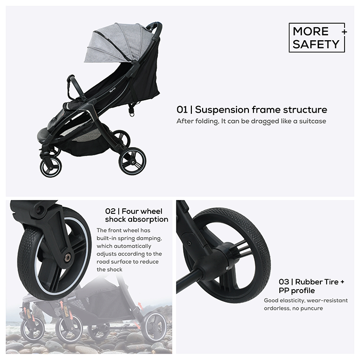 Nurtur Aspen Baby Stroller 0 to 36 months, Storage Basket, Leatherette details, One -hand fold design, 5 Point Safety Harness, EVA wheels - Black/Grey