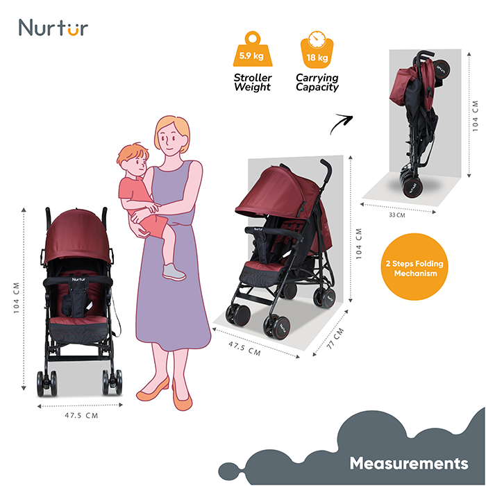 Nurtur Archer Baby/Kids Lightweight Travel Stroller 0 36 Months, Storage Basket, Detachable Bumper, 5 Point Safety Harness, Compact Design, Red