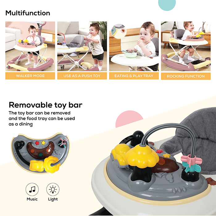 Nurtur 2 In 1 Baby Walker, Music, 5 Height Adjustments W/Canopy - Black