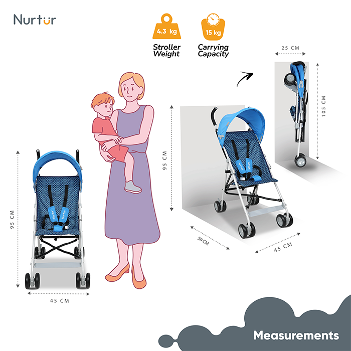 Nurtur Rex Lightweight Stroller – Compact Fold, Sun Canopy, Shoulder Strap, Airflow Design, Portable Buggy for Toddlers 6-36 Months, Easy Fold, - Blue / Black
