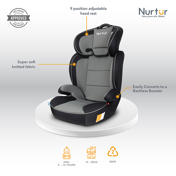 Nurtur Jupiter Baby/Kids 3-in-1 Car Seat + Booster Seat - Adjustable Backrest - Extra Protection - 5-Point Safety Harness - 9 months to 12 years (Group 1/2/3), Upto 36kg - Grey Multi