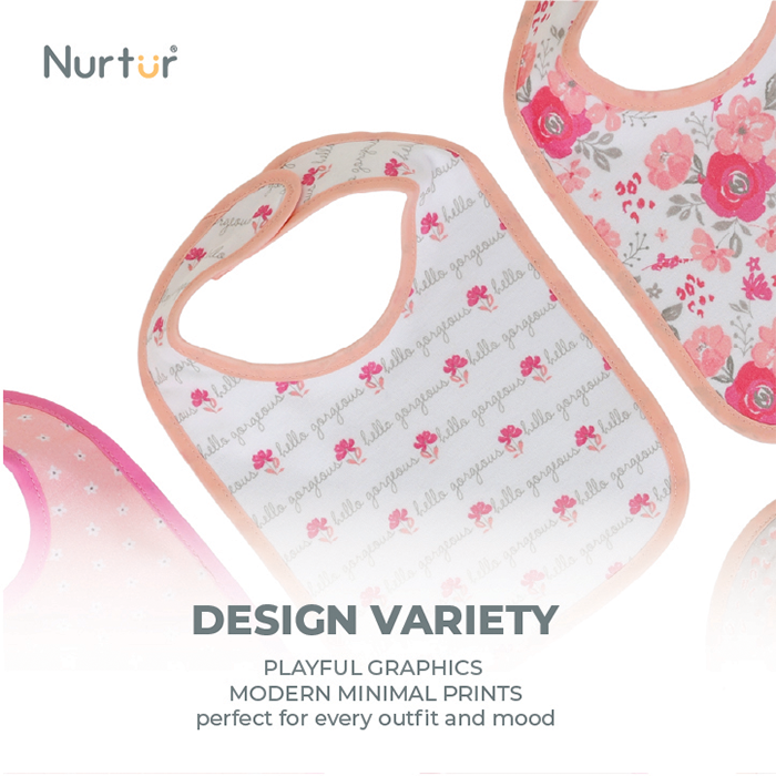 Nurtur 5 pack milk feeding bibs - Terry Cotton - Pink Multi/Girl