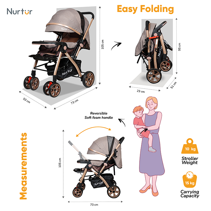 Nurtur Wilder Reversible Baby/Kids Travel Stroller 5 Point Safety Harness, Adjustable Backrest and Canopy, Reversible Handle, Sand