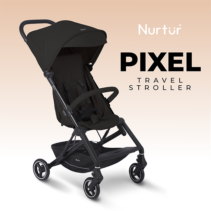 Nurtur Pixel Baby/Kids Travel Cabin Stroller, Aluminium Alloy, leatherette details, 0 36 months, Storage Basket, Detachable Bumper, 5 Point Safety Harness, Compact Foldable Design, Black