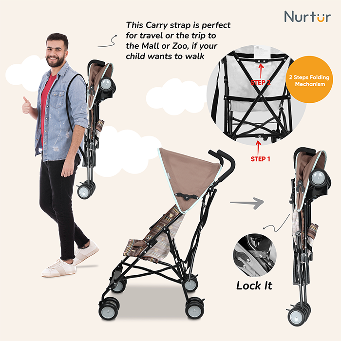 Nurtur Rex Lightweight Stroller – Compact Fold, Sun Canopy, Shoulder Strap, Airflow Design, Portable Buggy for Toddlers 6-36 Months, Easy Fold, - Brown