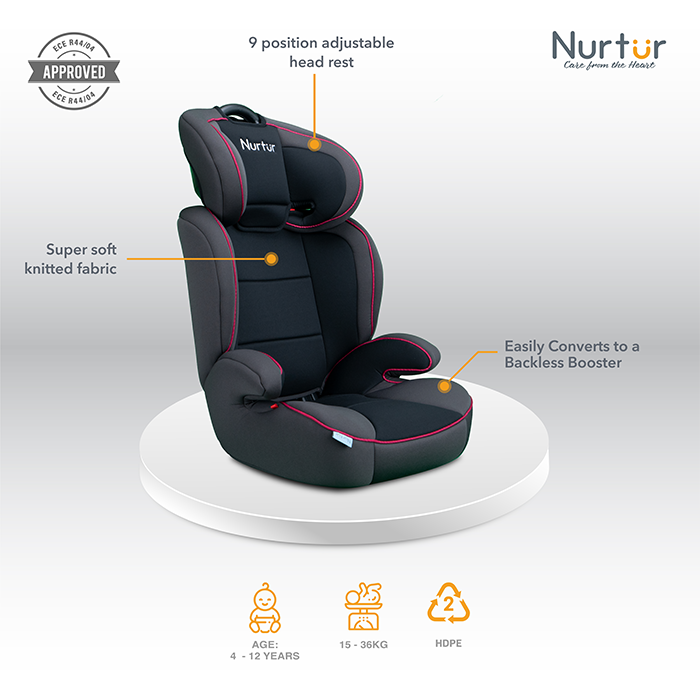 Nurtur Jupiter Baby/Kids 3-in-1 Car Seat + Booster Seat - Adjustable Backrest - Extra Protection - 5-Point Safety Harness - 9 months to 12 years (Group 1/2/3), Upto 36kg - Black