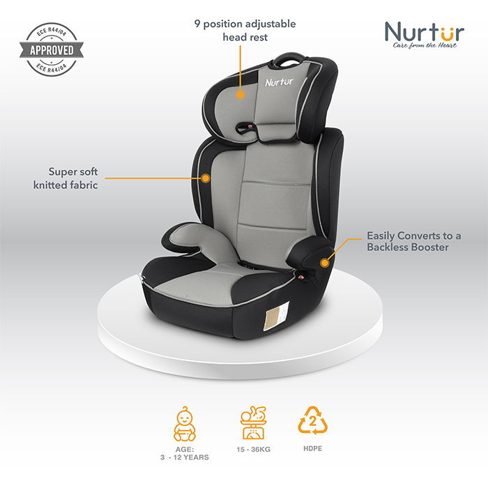 Nurtur Jupiter Baby/Kids 3-in-1 Car Seat + Booster Seat - Adjustable Backrest - Extra Protection - 5-Point Safety Harness - 9 months to 12 years (Group 1/2/3), Upto 36kg - Grey Multi