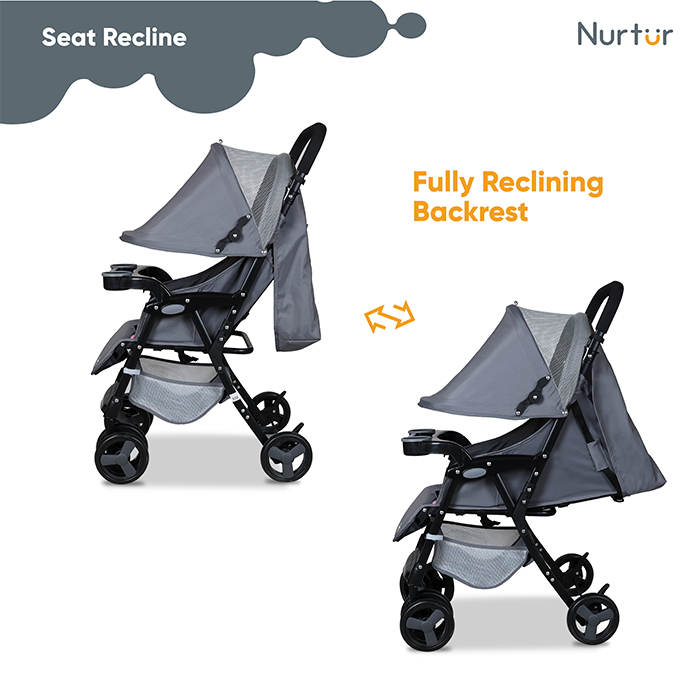Nurtur Ryder Ultra Compact Lightweight Baby Travel Stroller with Storage Basket, Detachable Food Tray, Reclining Seat and Leg Rest, 0-36 Months, , Grey Printed