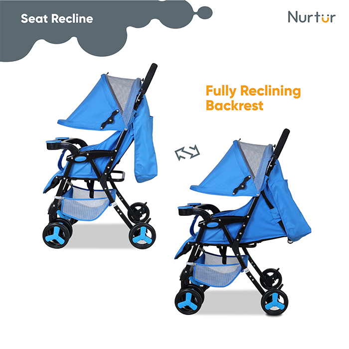 Nurtur Ryder Ultra Compact Lightweight Baby Travel Stroller with Storage Basket, Detachable Food Tray, Reclining Seat and Leg Rest, 0-36 Months, , Light Blue Printed