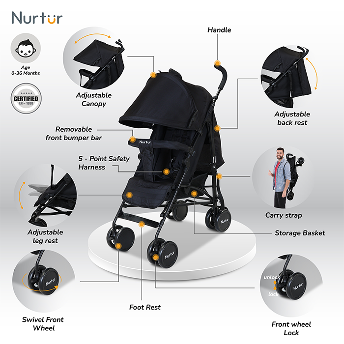 Nurtur Archer Baby/Kids Lightweight Travel Stroller 0 36 Months, Storage Basket, Detachable Bumper, 5 Point Safety Harness, Compact Design, Black