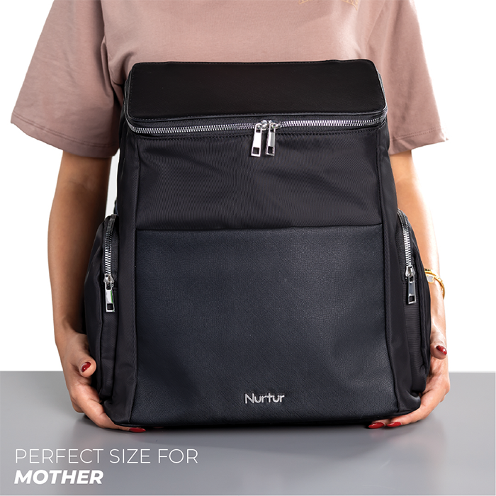 Nurtur Aura Maternity Diaper Bag PU Leather and Nylon Fashion Bagpack Bag Multifunction Travel Bag with insulator bottle warming pocket and changing pad - Black