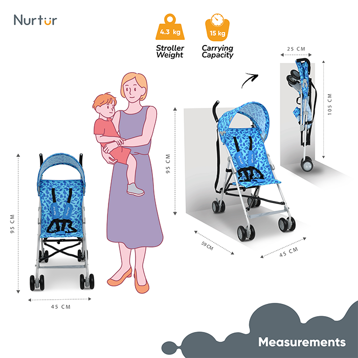 Nurtur Rex Lightweight Stroller – Compact Fold, Sun Canopy, Shoulder Strap, Airflow Design, Portable Buggy for Toddlers 6-36 Months, Easy Fold, - Blue