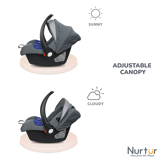 Nurtur Nemo Baby Carrier - Adjustable Canopy and Handle - Extra Protection – 3 -Point Safety Harness - Suitable from 0 months to 12 months, Upto 13kg, Grey Multi