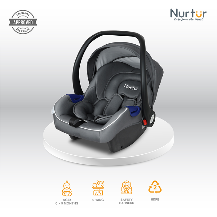 Nurtur Nemo Baby Carrier - Adjustable Canopy and Handle - Extra Protection – 3 -Point Safety Harness - Suitable from 0 months to 12 months, Upto 13kg, Black/Blue