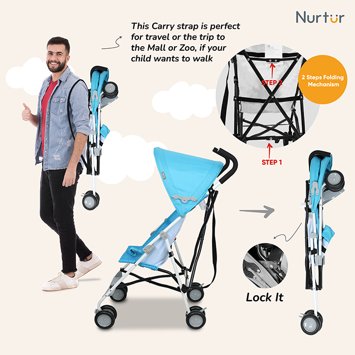 Nurtur Rex Lightweight Stroller – Compact Fold, Sun Canopy, Shoulder Strap, Airflow Design, Portable Buggy for Toddlers 6-36 Months, Easy Fold, - Blue / Black