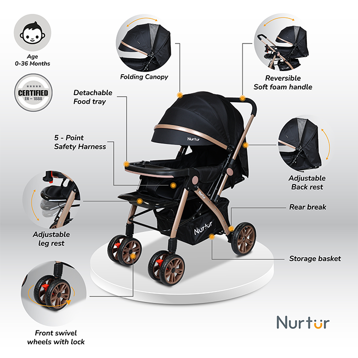 Nurtur Wilder Reversible Reversible Baby/Kids Stroller 5 Point Safety Harness, Adjustable Backrest and Canopy, Reversible Handle, Black