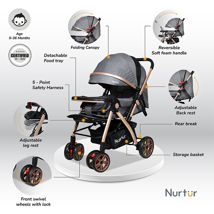 Nurtur Wilder Reversible Baby/Kids Travel Stroller 5 Point Safety Harness, Adjustable Backrest and Canopy, Reversible Handle, Grey