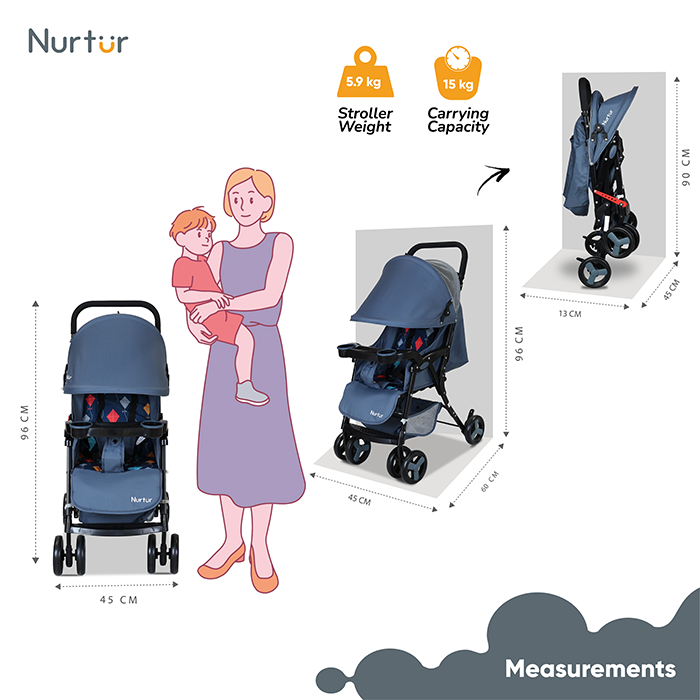 Nurtur Ryder Ultra Compact Lightweight Baby Travel Stroller with Storage Basket, Detachable Food Tray, Reclining Seat and Leg Rest, 0-36 Months, , Navy Printed