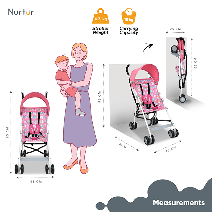 Nurtur Rex Lightweight Stroller – Compact Fold, Sun Canopy, Shoulder Strap, Airflow Design, Portable Buggy for Toddlers 6-36 Months, Easy Fold, - Pink