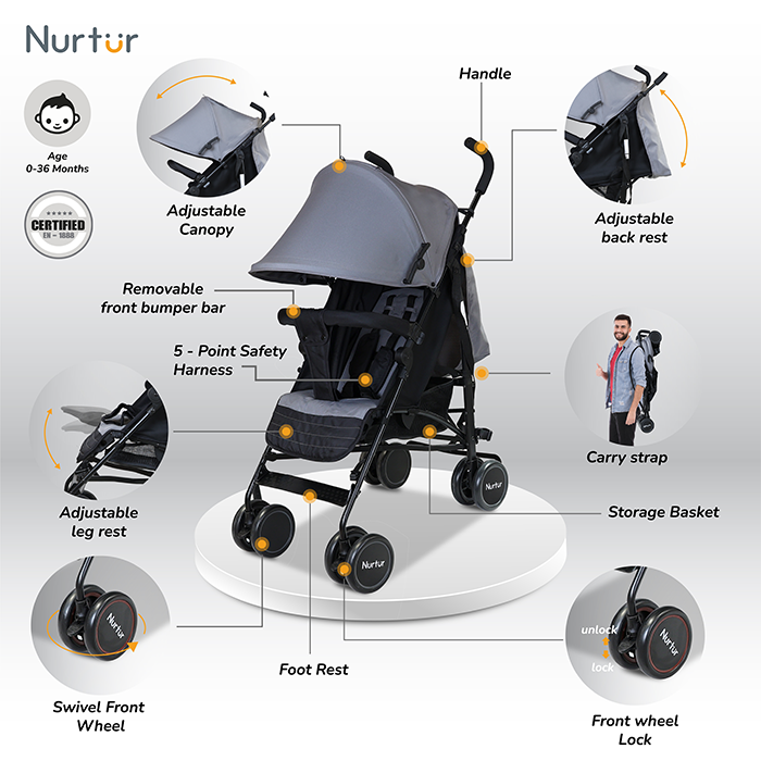 Nurtur Archer Baby/Kids Lightweight Travel Stroller 0 36 Months, Storage Basket, Detachable Bumper, 5 Point Safety Harness, Compact Design, Dark Gray
