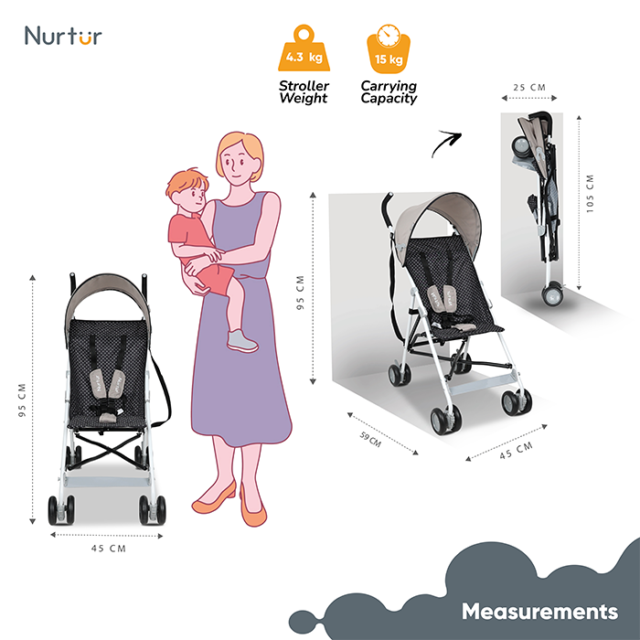 Nurtur Rex Lightweight Stroller – Compact Fold, Sun Canopy, Shoulder Strap, Airflow Design, Portable Buggy for Toddlers 6-36 Months, Easy Fold, - Sand / Black