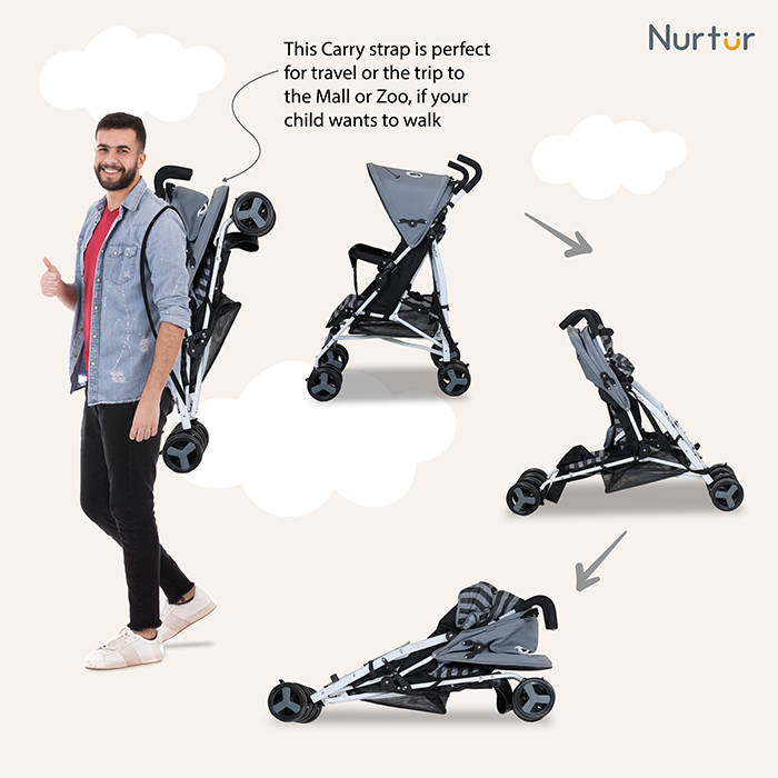 Nurtur Luca Character Baby/Kids Lightweight Stroller 0 36 Months, Storage Basket, Detachable Bumper, 5 Point Safety Harness, Compact Design with shoulder strap Grey