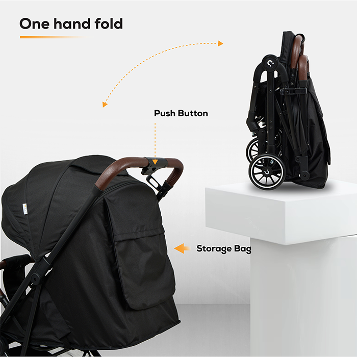 Nurtur Bravo Plus Baby Stroller 0 to 36 months, Storage Basket, Leatherette details, One -hand fold design, 5 Point Safety Harness, EVA wheels - Black