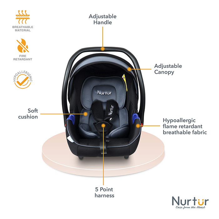 Nurtur Nemo Baby Carrier - Adjustable Canopy and Handle - Extra Protection – 3 -Point Safety Harness - Suitable from 0 months to 12 months, Upto 13kg, Grey Multi