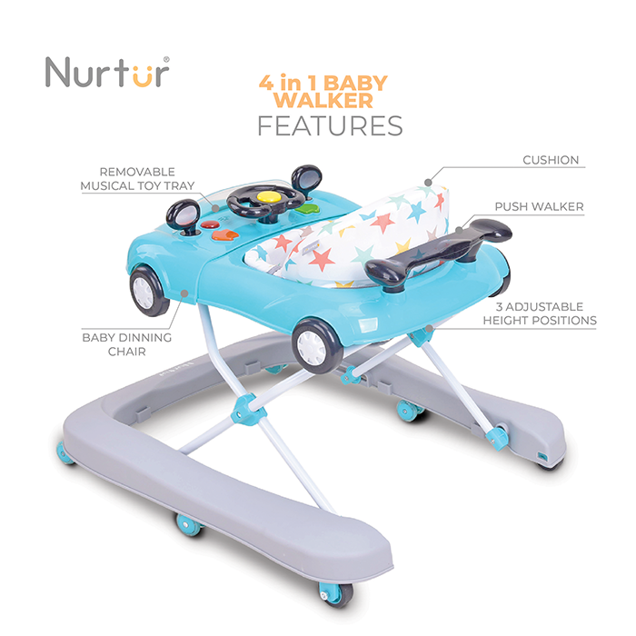 Nurtur 4 In 1 Baby Multi Walker-rocking Function- Music - 5 Height Adjustment- feeding table, car mould, easy fold - Multi