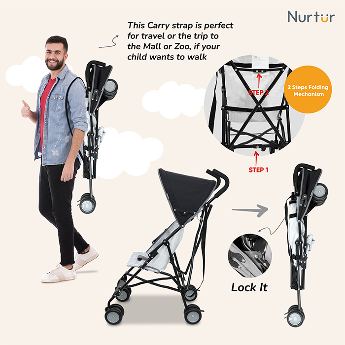 Nurtur Rex Lightweight Stroller – Compact Fold, Sun Canopy, Shoulder Strap, Airflow Design, Portable Buggy for Toddlers 6-36 Months, Easy Fold, - Black / Grey