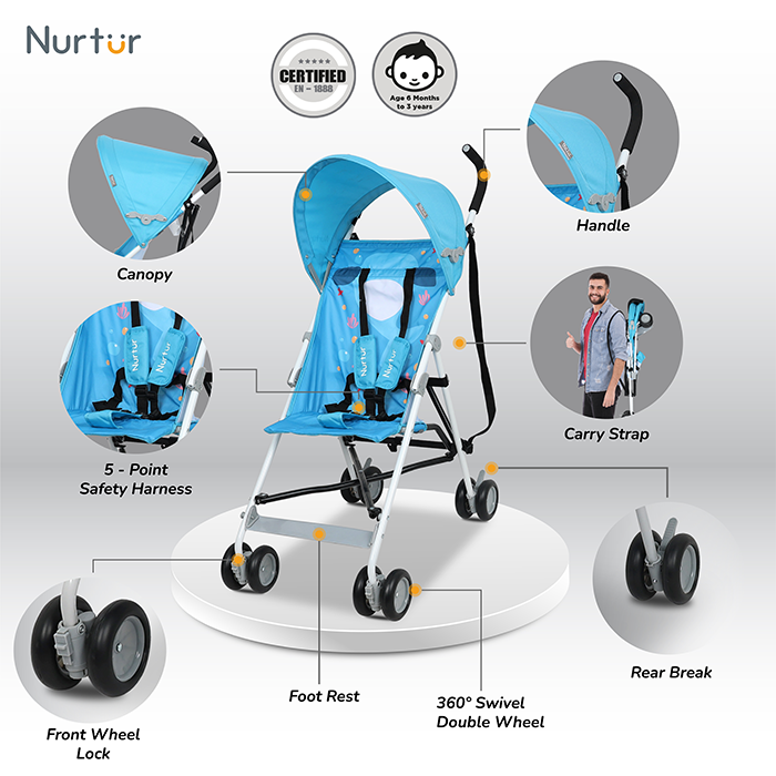 Nurtur Rex Lightweight Stroller – Compact Fold, Sun Canopy, Shoulder Strap, Airflow Design, Portable Buggy for Toddlers 6-36 Months, Easy Fold, - Light Blue