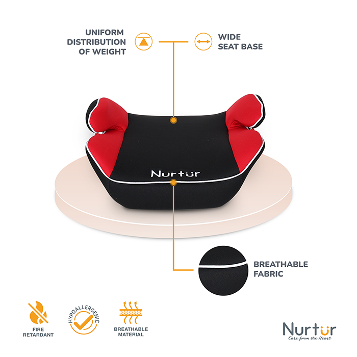 Nurtur Nova Kids Booster Seat - Arm Rest - Easy to Install - Universally Fit – Wide Cushioned Base - Suitable from 4 years to 12 years (Group 2/3) - Red