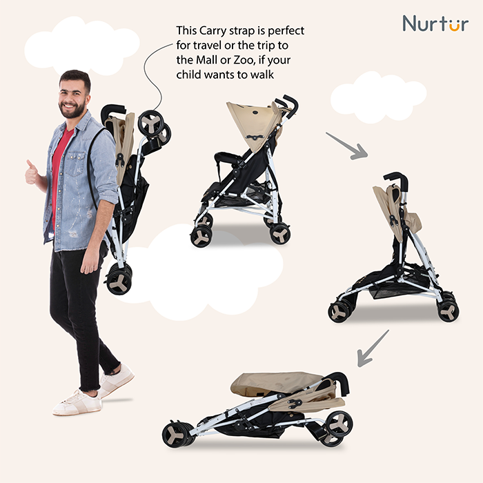 Nurtur Luca Character Baby/Kids Lightweight Stroller 0 36 Months, Storage Basket, Detachable Bumper, 5 Point Safety Harness, Compact Design with shoulder strap - Sand