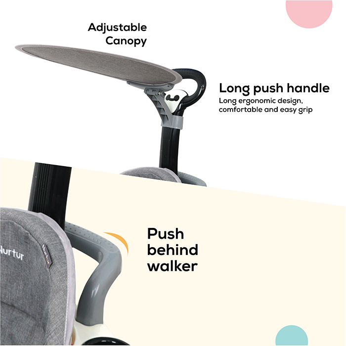 Nurtur 2 In 1 Baby Walker, Music, 5 Height Adjustments W/Canopy - Black