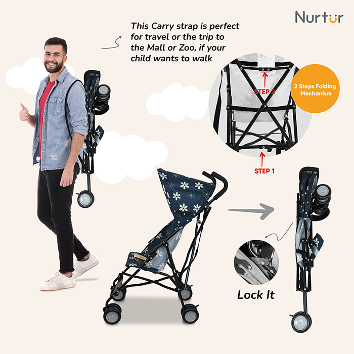 Nurtur Rex Lightweight Stroller – Compact Fold, Sun Canopy, Shoulder Strap, Airflow Design, Portable Buggy for Toddlers 6-36 Months, Easy Fold, - Navy / Brown